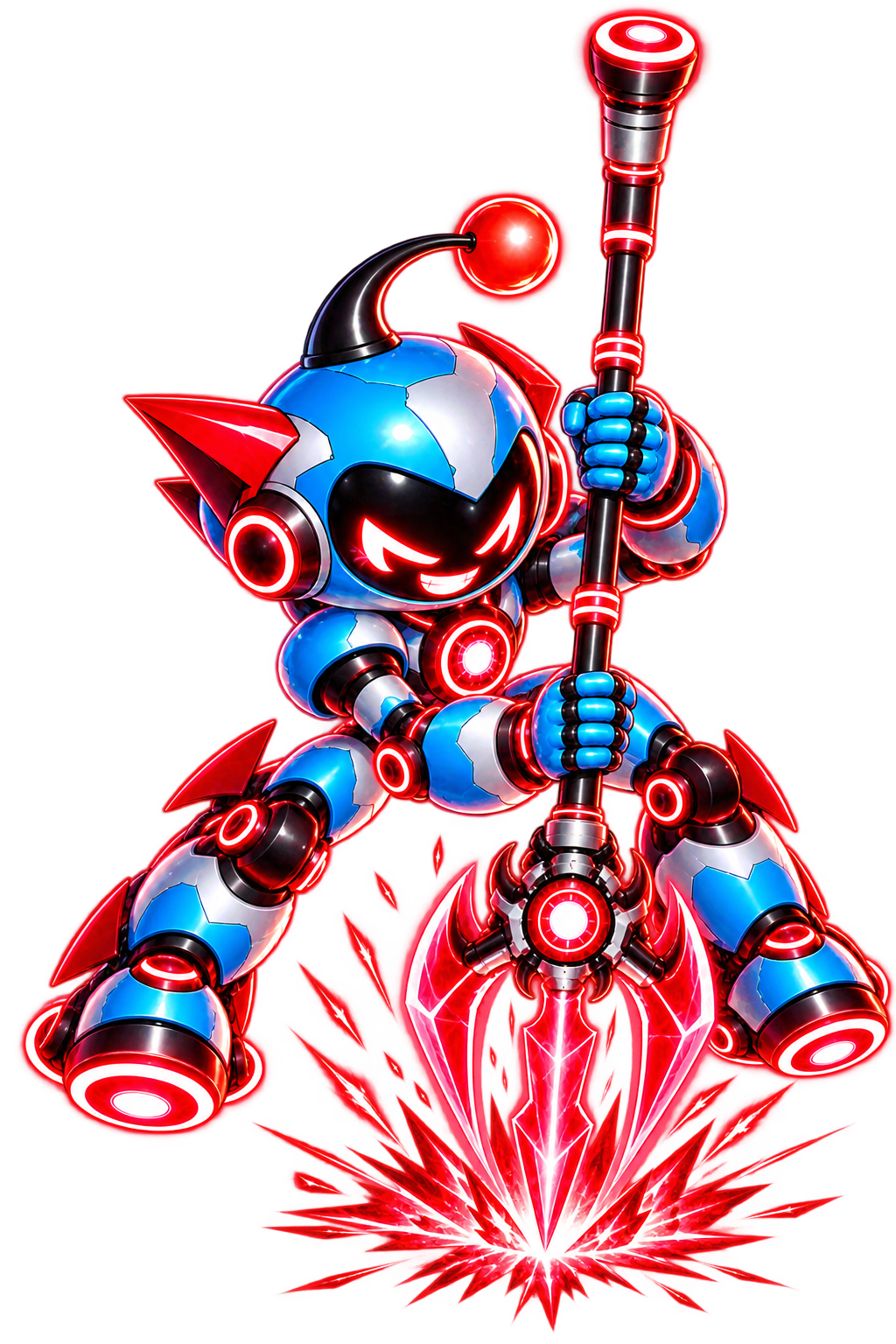 Comet, blue-and-white robot with red glowing accents, an aggressive grin, and a glowing red trident