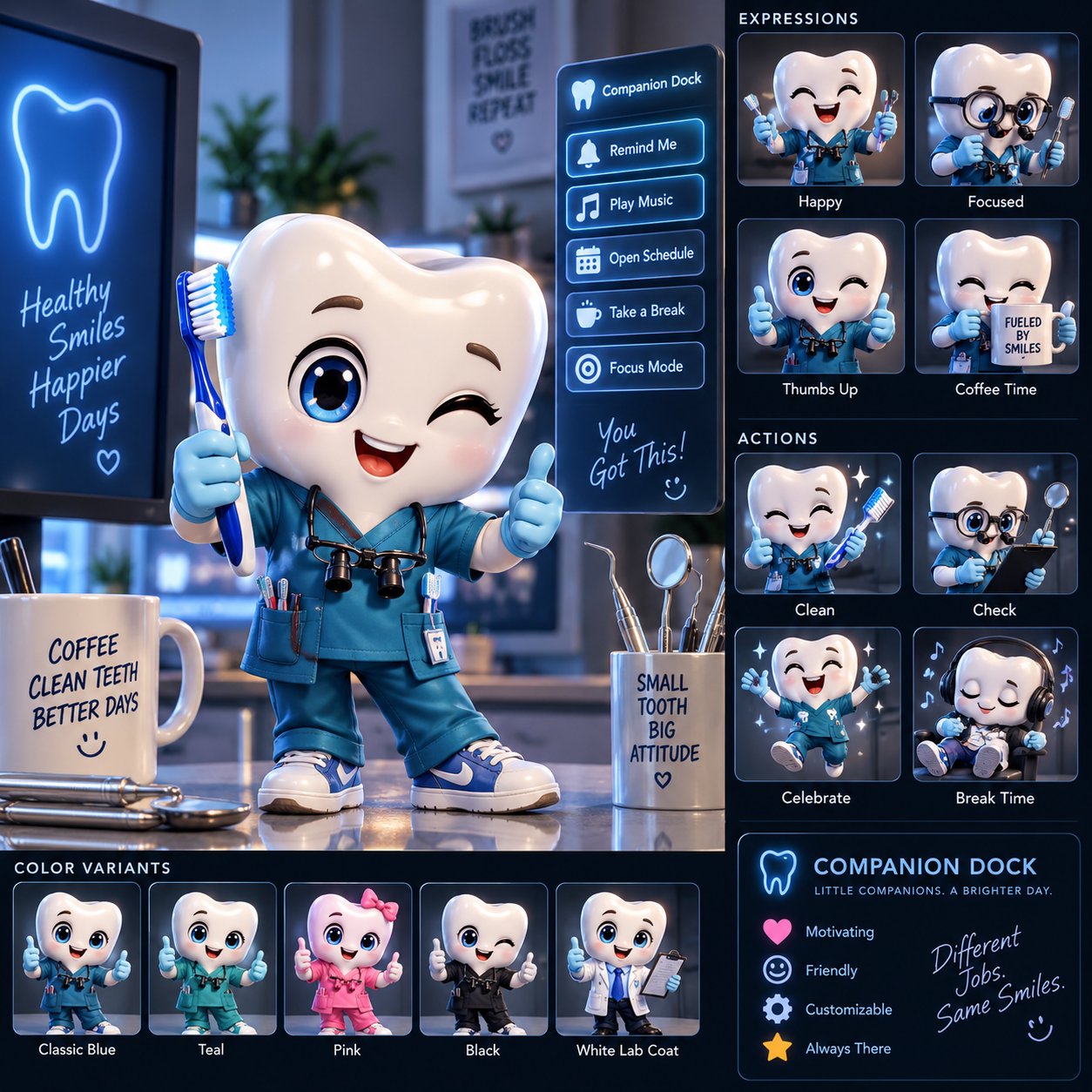 Custom tooth mascot companion concept sheet