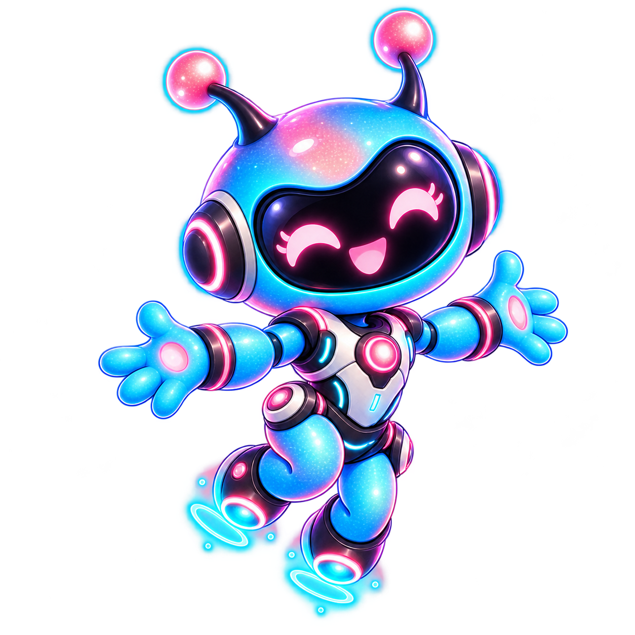 Astra, cyan alien robot with magenta glowing antennae and hovering boots