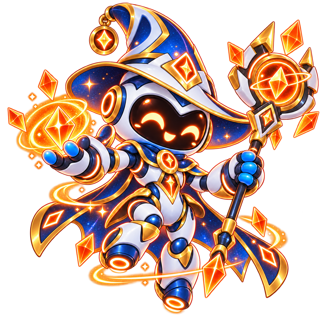 Nova, white, gold, and blue wizard robot with a golden hat, crystals, and staff