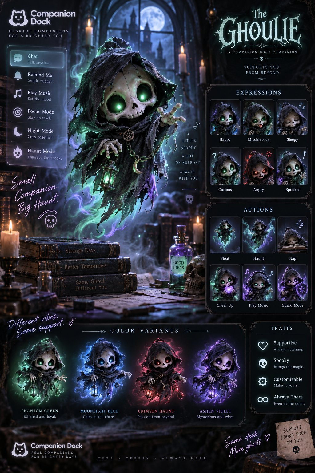 Custom cute skeleton companion concept sheet