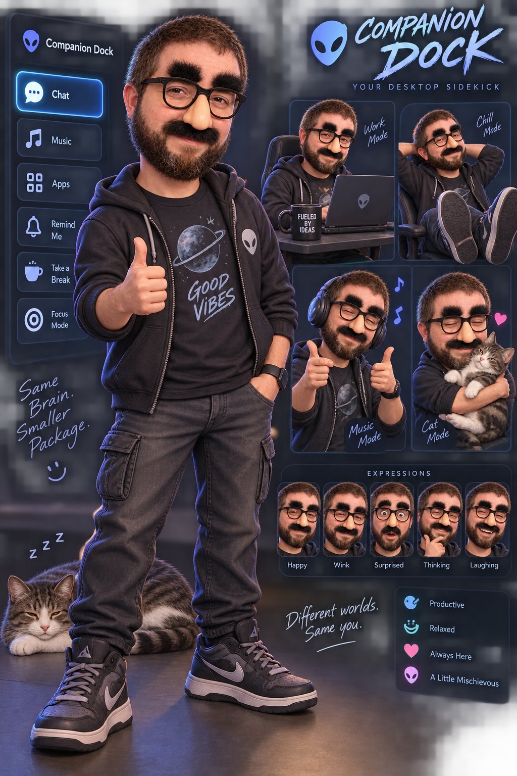 Custom bearded character companion concept sheet