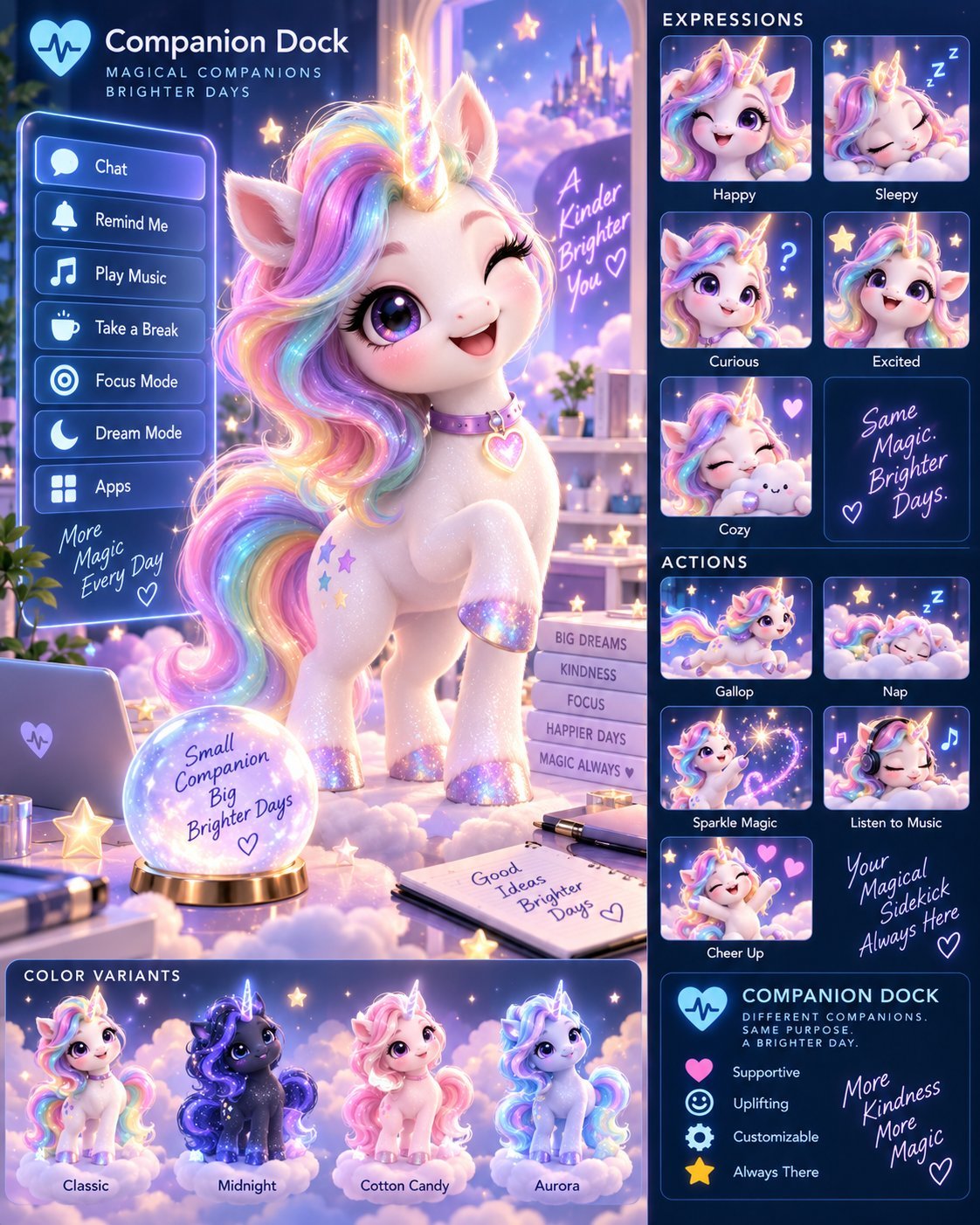 Custom rainbow unicorn companion concept sheet