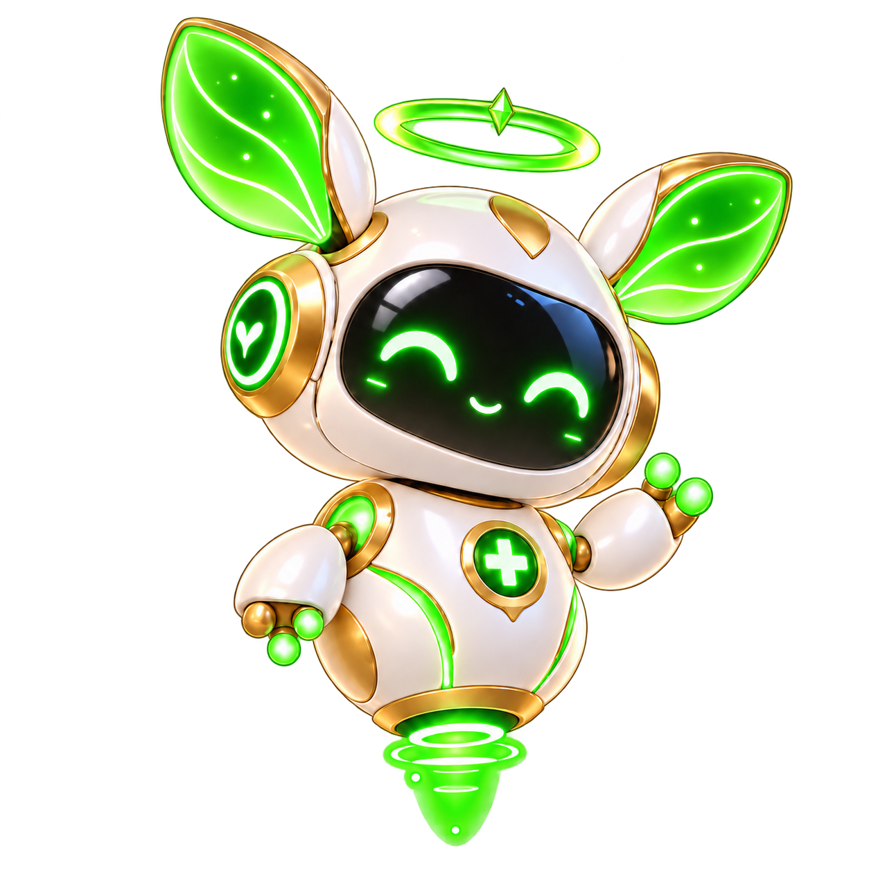 Halo, white and gold robot with glowing green leaf ears, halo ring, and cross emblem